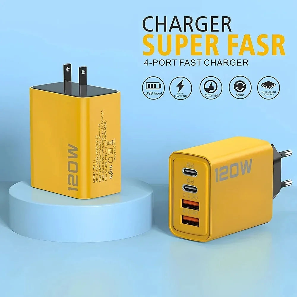 Total 120W 4 Ports USB Charger PD Type C Fast Charging Mobile Phone Adapter For iPhone Samsung Xiaomi Huawei QC 3.0 Wall Charger