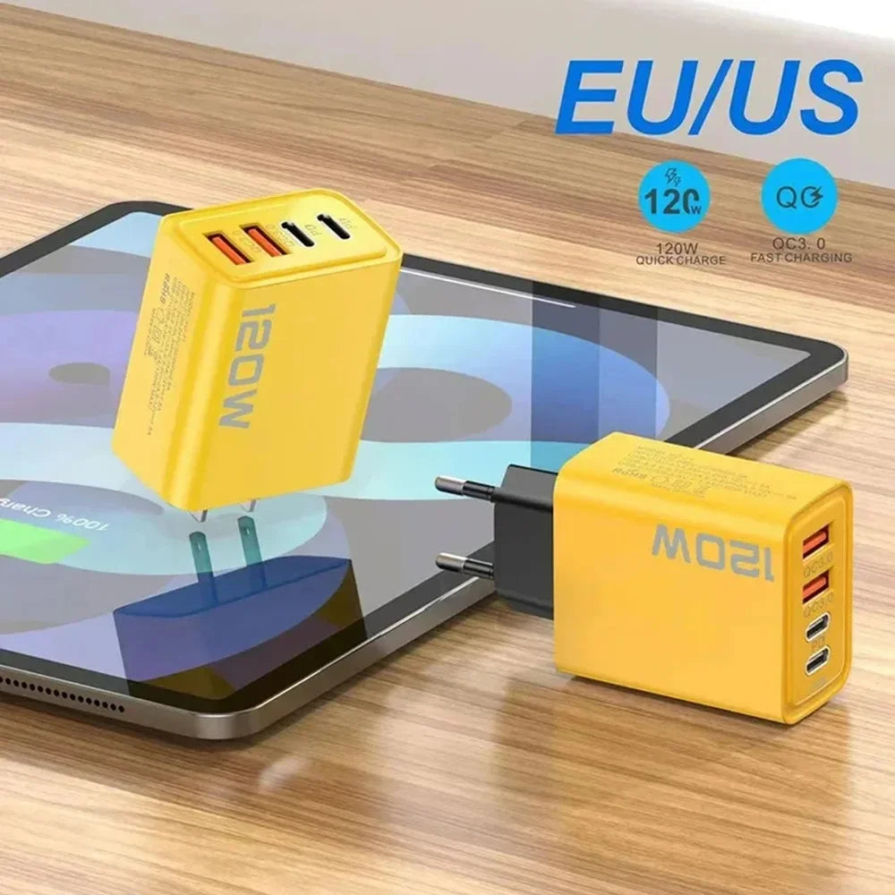 Total 120W 4 Ports USB Charger PD Type C Fast Charging Mobile Phone Adapter For iPhone Samsung Xiaomi Huawei QC 3.0 Wall Charger