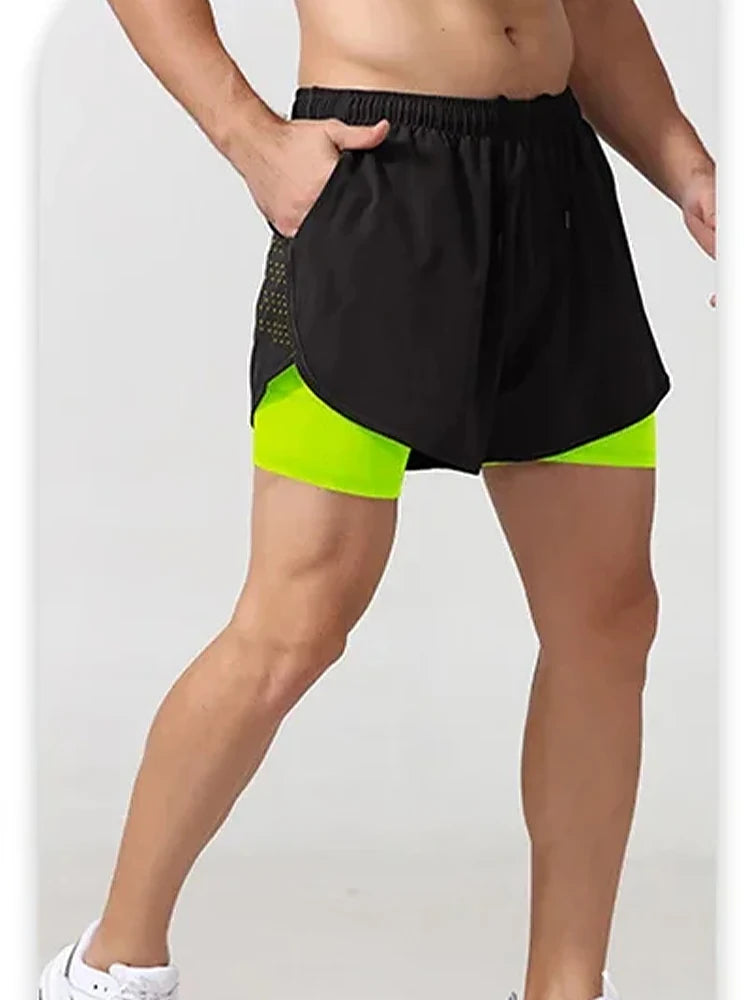 2025New Men's Fitness Training Shorts Summer 2 In 1 Quick Dry Gym Beach Running Double-deck Shorts Outdoor Sportswear Men shorts